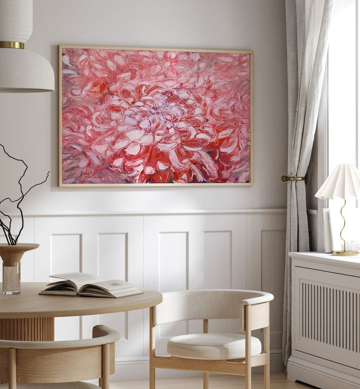Vibrant CHRYSANTHEMUM CANVAS, FLORAL FLOWER PAINTINGS enhancing a modern interior with pink floral art.