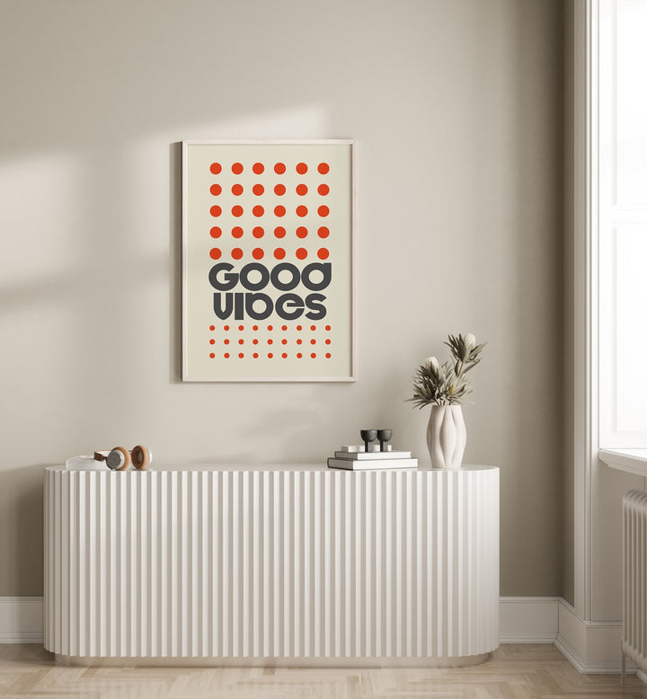 Brightly colored GOOD VIBES ORANGE, QUOTES poster enhancing a modern living space with uplifting typography.