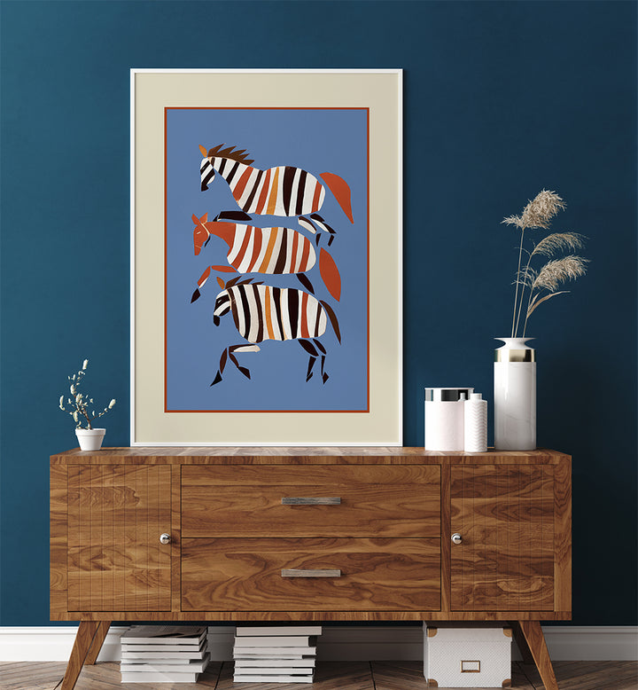 STRIPED RUNNING HORSES , BOHO ART PAINTINGS
