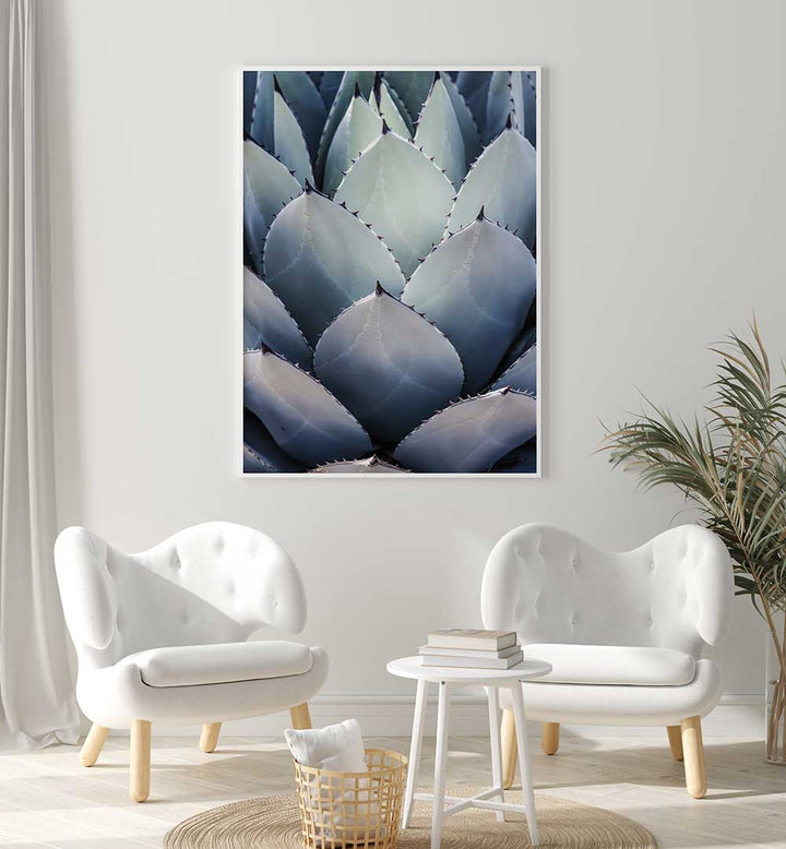 Framed agave close-up artwork AGAVE GEOMETRY , FLORAL FLOWER PAINTINGS in minimalist living room