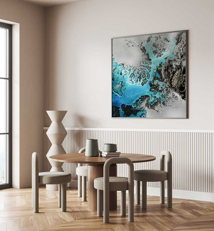 Stunning TURQUOISE CORAL VIBES, ABSTRACT PAINTINGS enhancing a modern dining space with vibrant hues and energy.