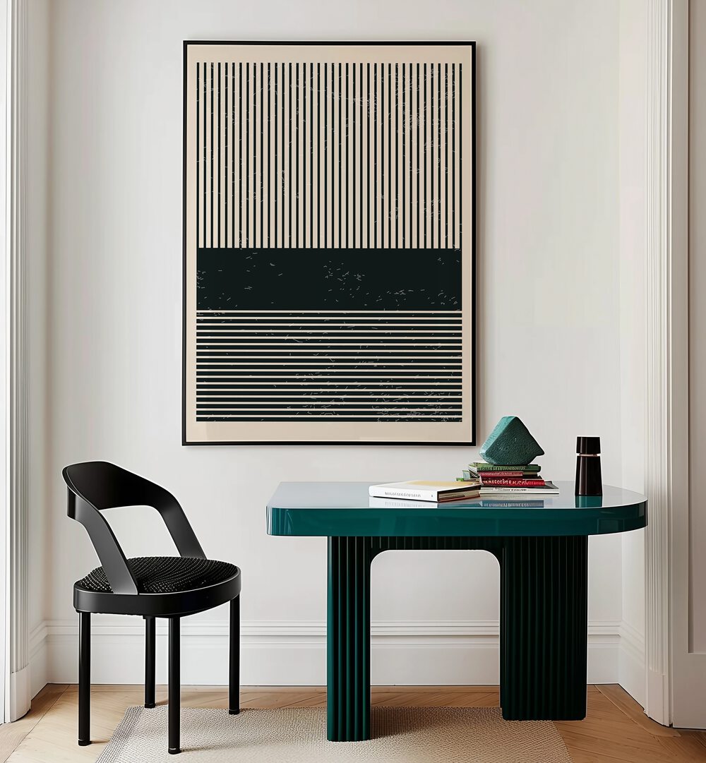 Stylish interior featuring BLACK AND WHITE MINIMAL SERIES V, GEOMETRIC ART PRINTS by Jay Stanley, enhancing modern decor.