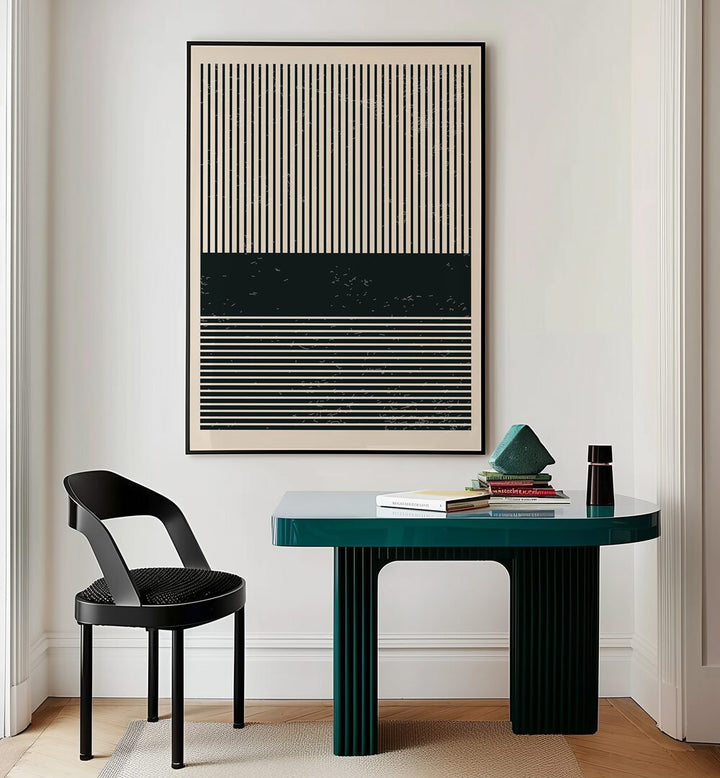 Stylish interior featuring BLACK AND WHITE MINIMAL SERIES V, GEOMETRIC ART PRINTS by Jay Stanley, enhancing modern decor.
