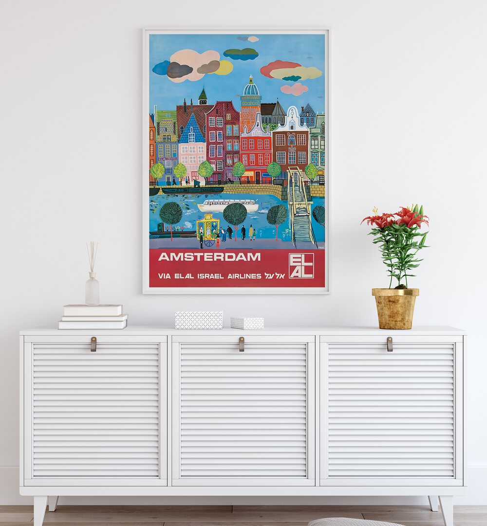 Brightly colored AMSTERDAM I, VINTAGE TRAVEL POSTERS showcasing iconic architecture and scenic canals of the city.