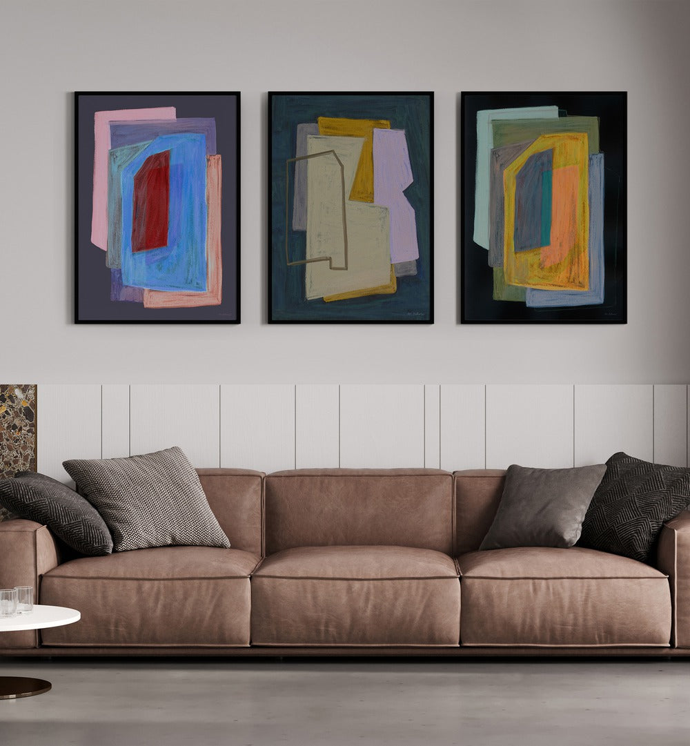 Elevate your decor with the LAYERED ABSTRACT DIMENSIONS SET, SET OF 3 PAINTINGS, showcasing modern artistry.