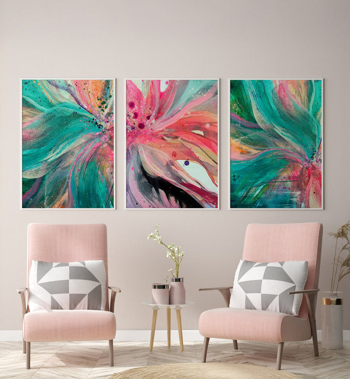 Brighten your space with the VIBRANT COLOUR FLORA SET, SET OF 3 PAINTINGS, showcasing stunning floral artistry.