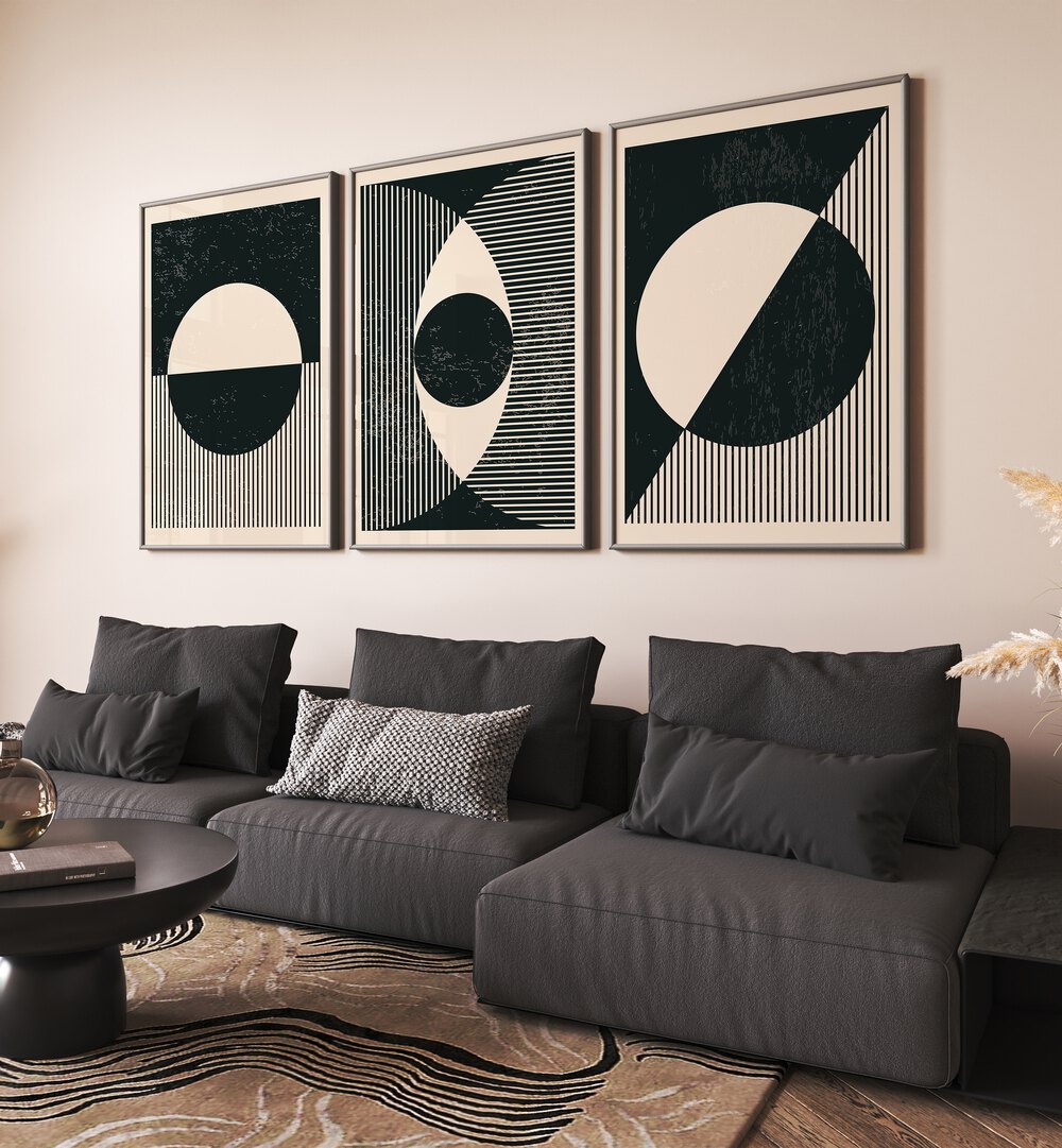 Stylish BLACK AND WHITE PLANETS SET, SET OF 3 PAINTINGS enhances modern living spaces with celestial elegance.