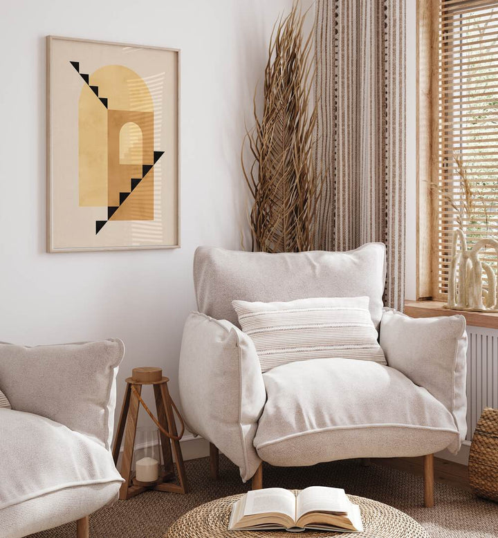 Stylish living room featuring COMPOSITION II, BOHO ART PAINTINGS, enhancing modern decor with vibrant geometric design.