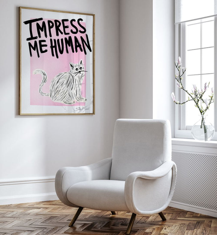 Brighten your space with the IMPRESS ME HUMAN, VIBRANT art print, perfect for cat lovers and modern decor enthusiasts.