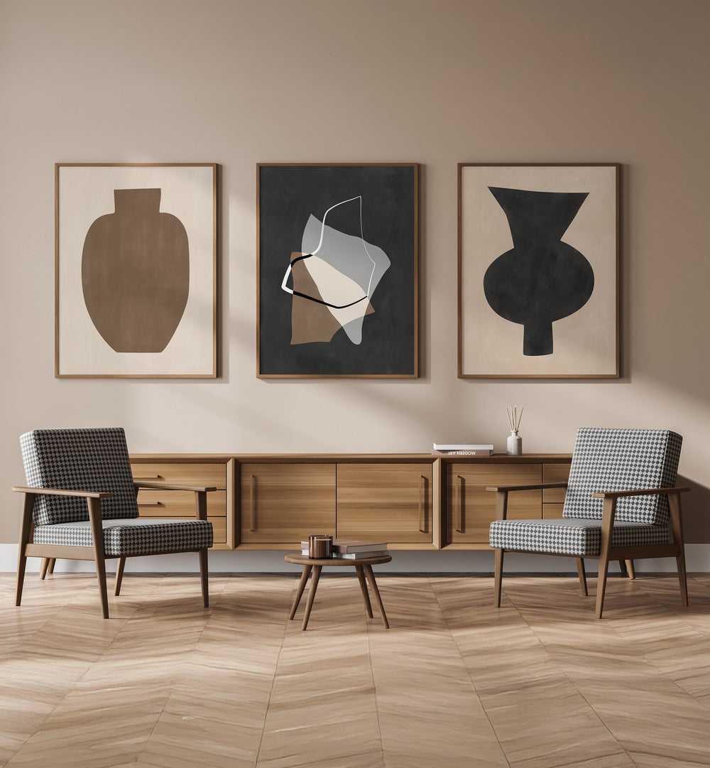 Stylish living room featuring the EARTHEN ELEGANCE SET, SET OF 3 PAINTINGS, enhancing natural beauty and earthy tones.