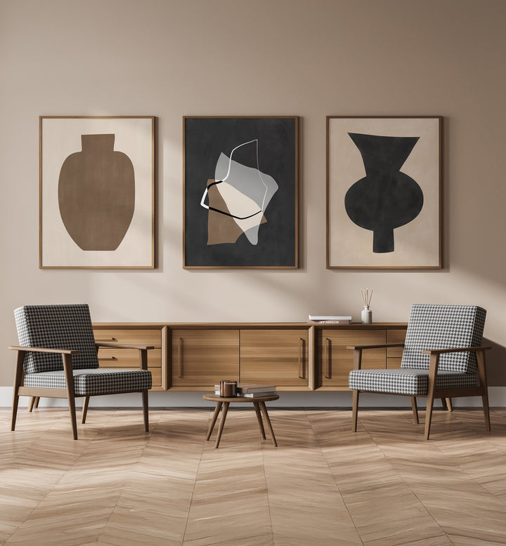 Stylish living room featuring the EARTHEN ELEGANCE SET, SET OF 3 PAINTINGS, enhancing natural beauty and earthy tones.