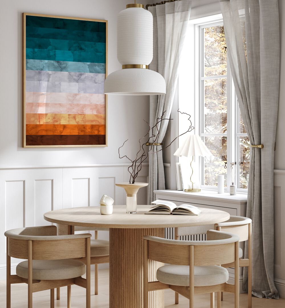 Vibrant EXPRESSIONIST III, ABSTRACT PAINTINGS enhance a modern dining space with stunning color harmony.