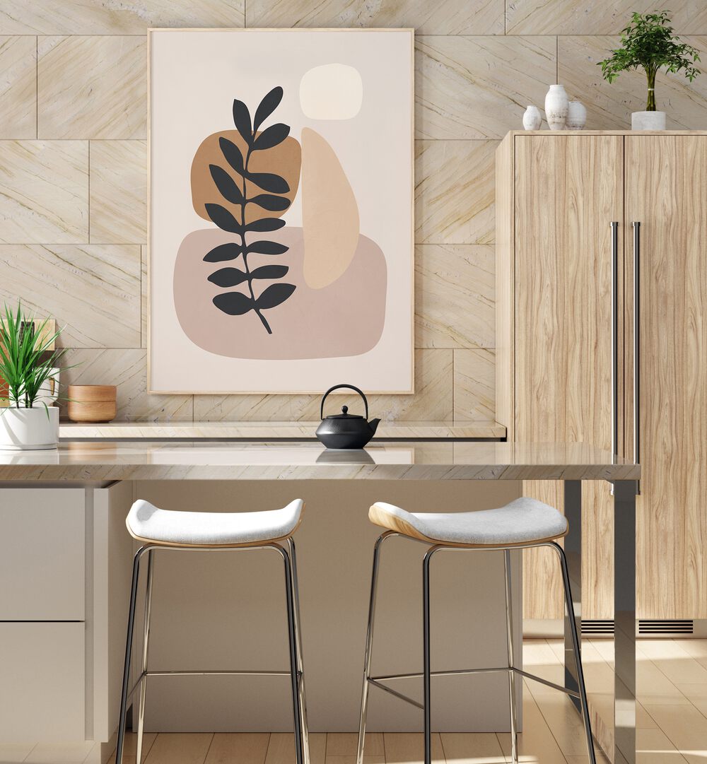 Stylish kitchen featuring ABSTRACT MINIMAL PLANT, BOHO ART PAINTINGS with earthy tones for a chic bohemian vibe.