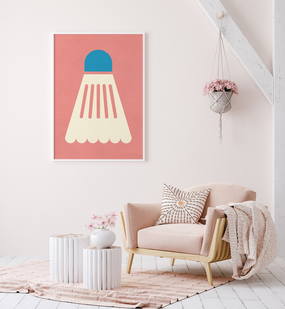 Stylish BADMINTIN WHITE BLUE sports poster showcasing a shuttlecock, perfect for badminton enthusiasts.