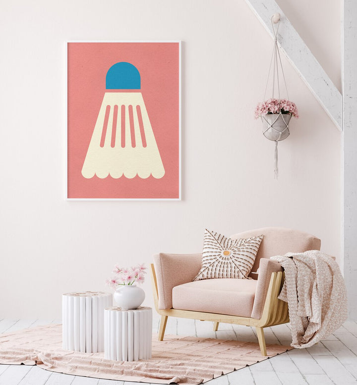 Stylish BADMINTIN WHITE BLUE sports poster showcasing a shuttlecock, perfect for badminton enthusiasts.