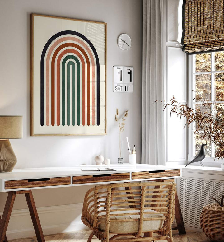 A stylish workspace featuring LINES AND ARCS V, BOHO ART PAINTINGS, enhancing creativity and design inspiration.
