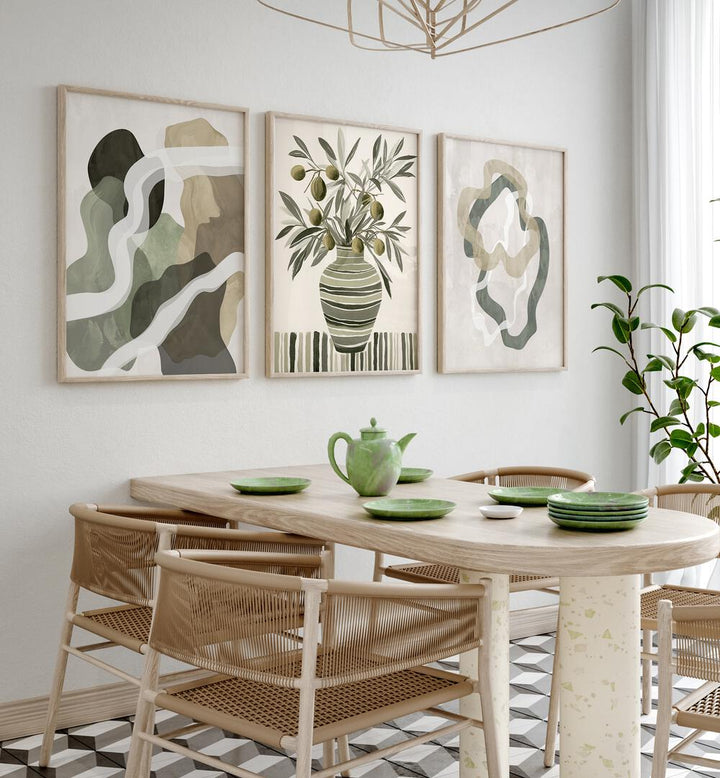 Create a serene atmosphere with the OLIVE ESSENCE, SET OF 3 PAINTINGS, featuring elegant olive-inspired designs.