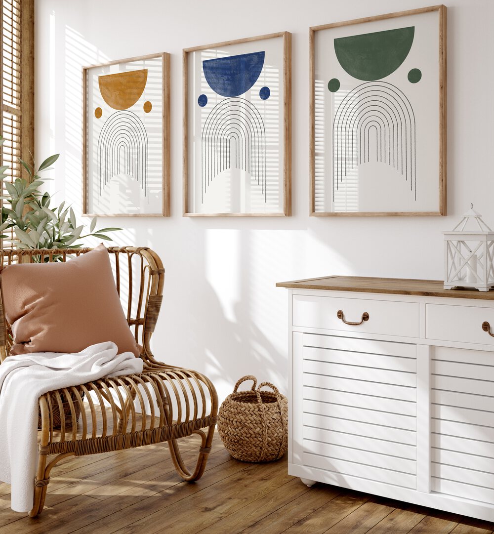 Elevate your space with the GEOMETRIC PASTEL SERENADE SET, SET OF 3 PAINTINGS in soft pastel hues and modern design.