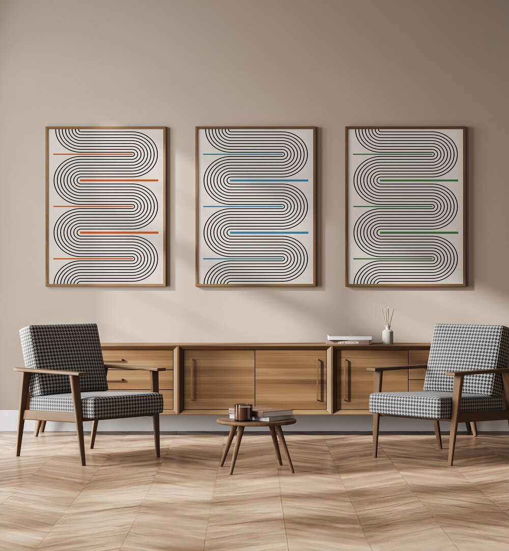 Stylish GEOMETRICAL TIDAL MOODS SET, SET OF 3 PAINTINGS enhances modern living spaces with abstract designs.