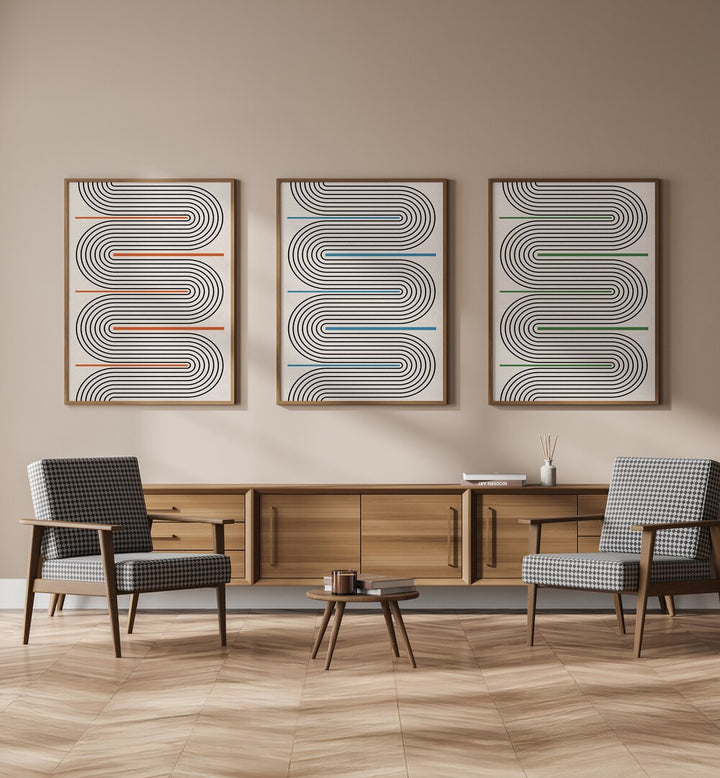 Stylish GEOMETRICAL TIDAL MOODS SET, SET OF 3 PAINTINGS enhances modern living spaces with abstract designs.