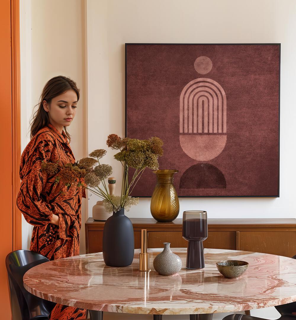 Stylish interior featuring the RAINBOW GATE VAZO, BOHO ART PAINTINGS, adding vibrance to the modern decor.