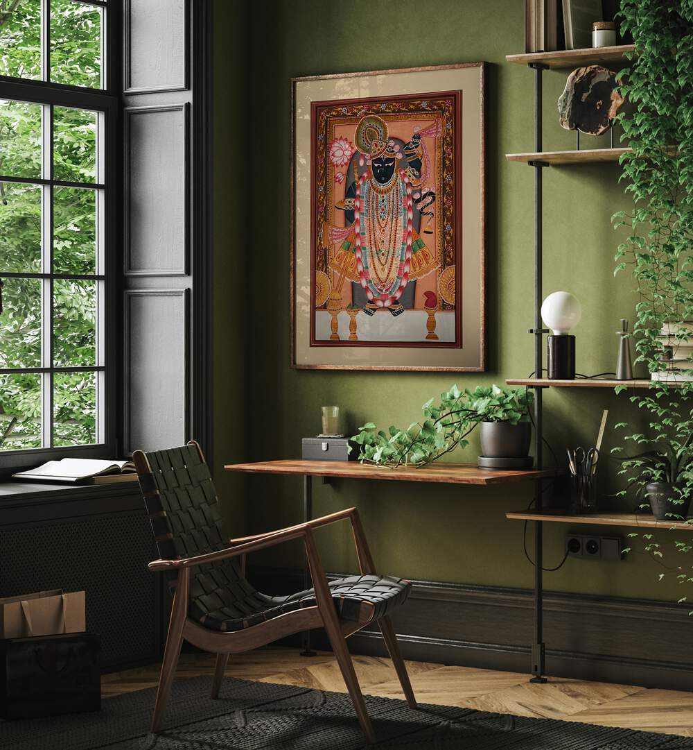 Vibrant SHRINATH JI II, INDIAN ART PAINTINGS enhancing a stylish living space with traditional Indian artistry.