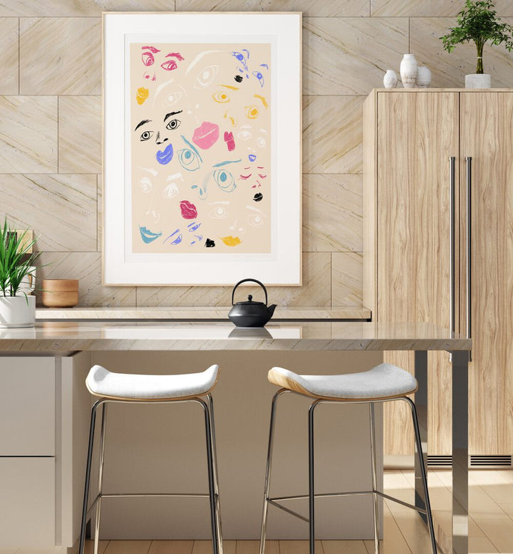 Stylish kitchen featuring PANDC FACES, FASHION POSTERS that enhance decor with vibrant artistic expressions.