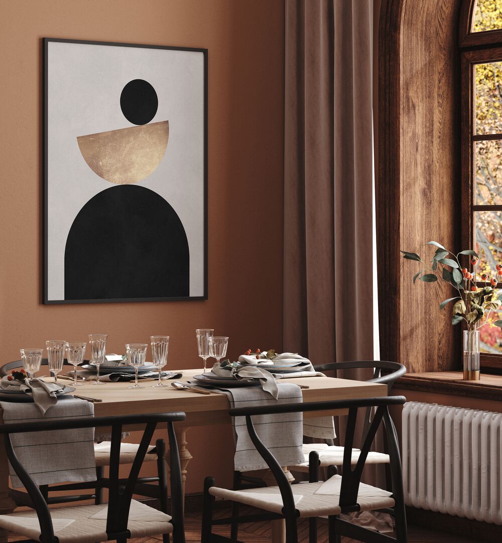 Stylish LINES AND CIRCLES XXIII, GEOMETRIC ART PRINTS enhance modern decor in a beautifully set dining space.