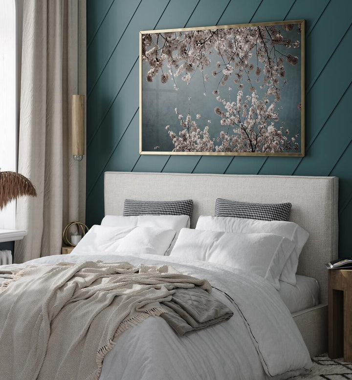 Elegant MOODY SPRING, FLORAL FLOWER PAINTINGS framed above a cozy bed, adding a touch of spring beauty to the room.