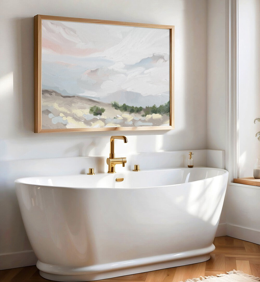 Serene bathroom featuring "Over the Dunes, Landscape Paintings" artwork, enhancing the tranquil ambiance.