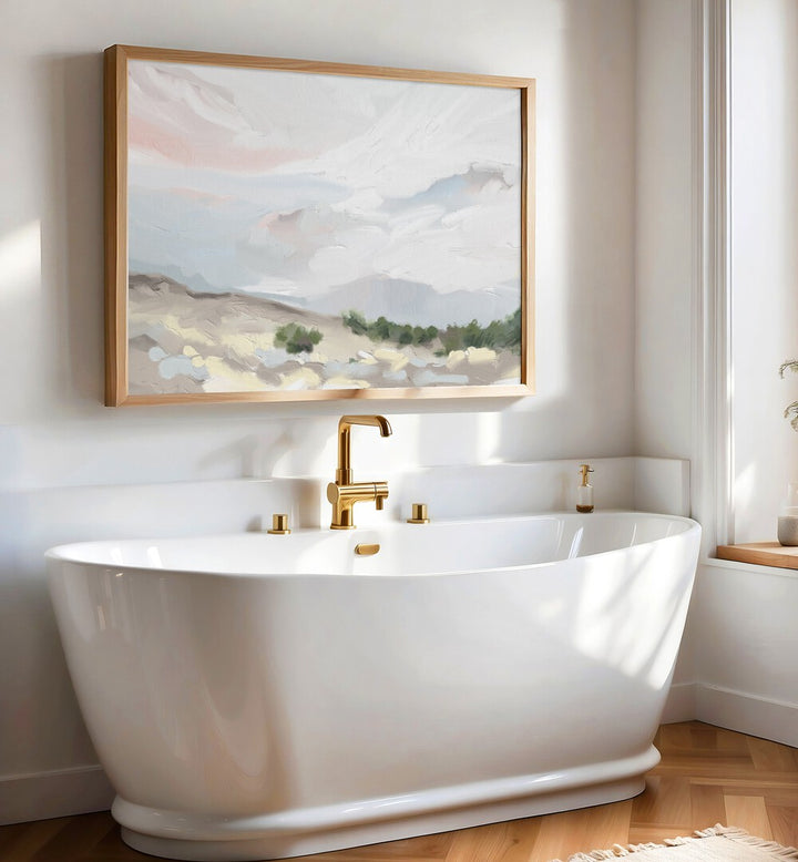 Serene bathroom featuring "Over the Dunes, Landscape Paintings" artwork, enhancing the tranquil ambiance.