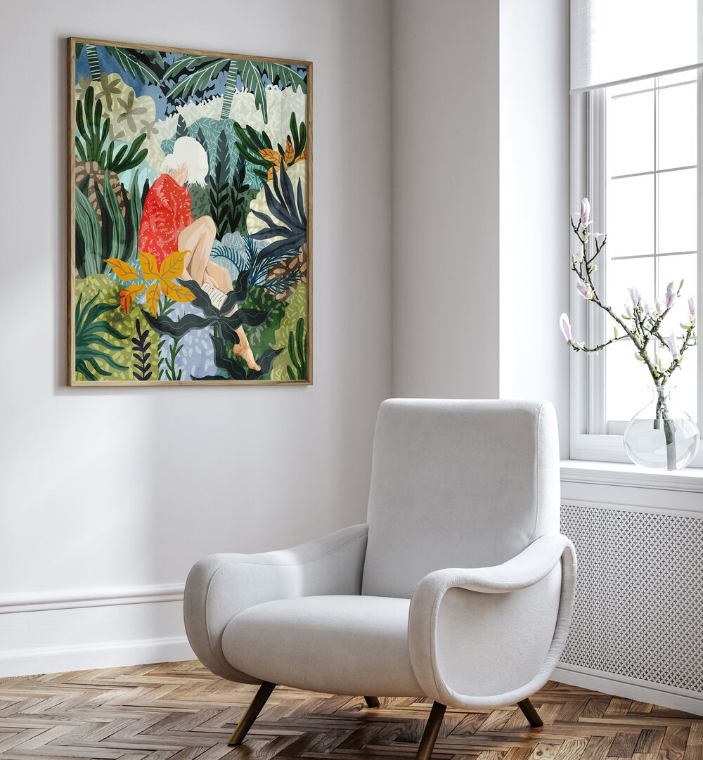Brightly colored portrait from "THE DISTRACTED READER, PORTRAITS" collection, showcasing a serene reading moment.