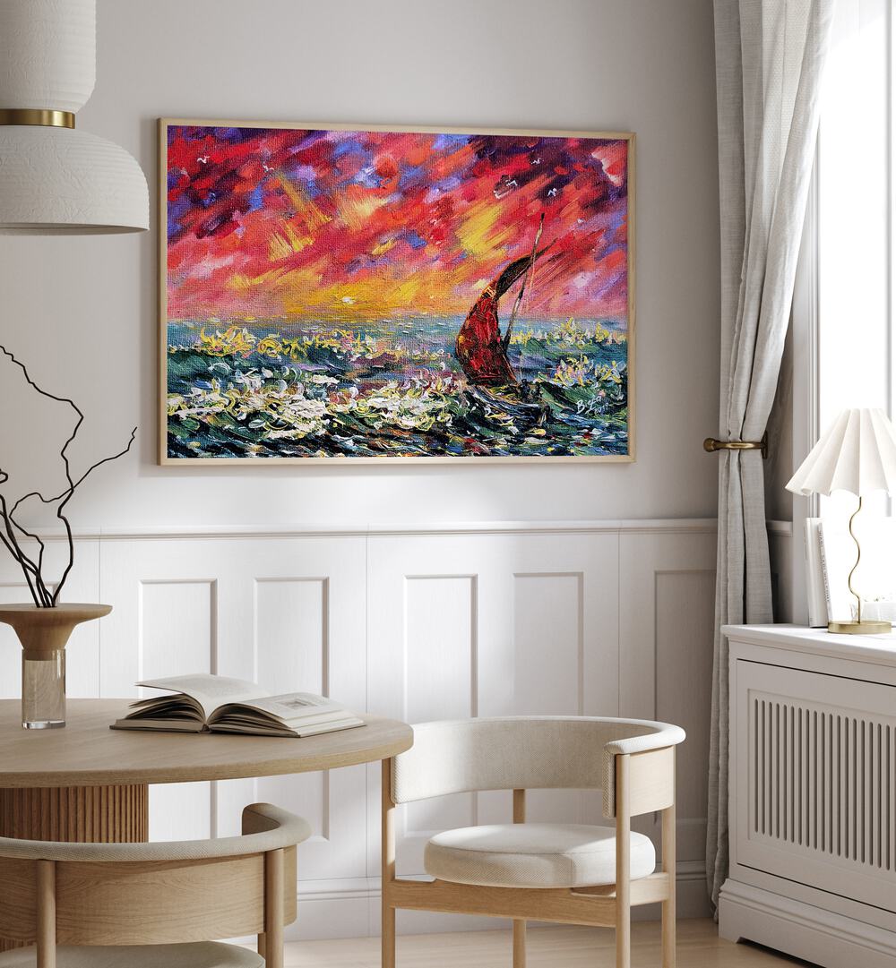 Transform your space with RED SKY BOAT, LANDSCAPE PAINTINGS showcasing a vivid sunset over tranquil waters.
