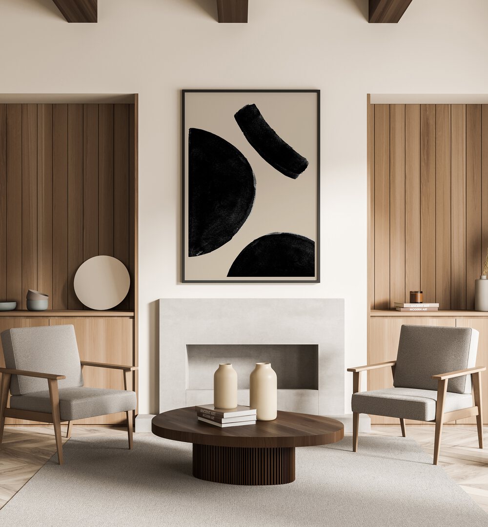 SIMPLE BLACK COMPOSITION, GEOMETRIC ART PRINTS elevate your decor with minimalist sophistication in a modern living space.
