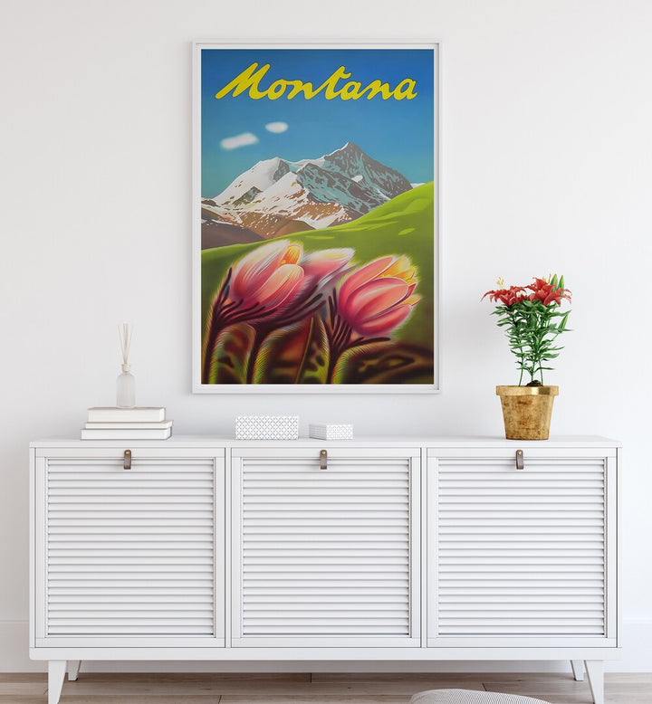 Montana Vintage Travel Posters showcase vibrant landscapes and flowers, adding artistic flair to any space.