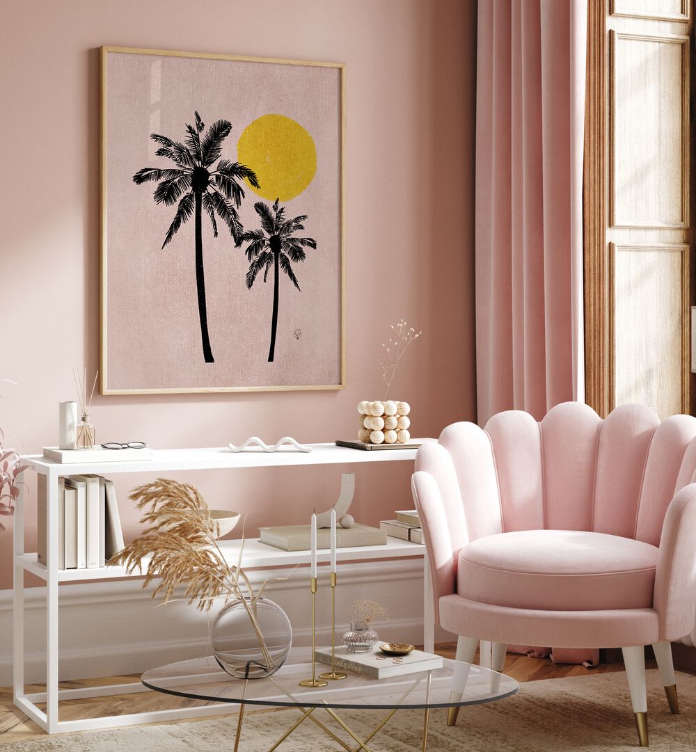 Stylish pink background palm tree landscape paintings enhance modern decor, perfect for any vibrant space.