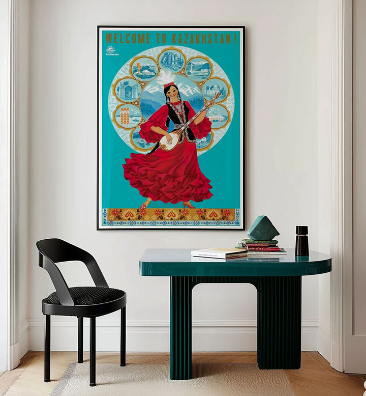 Welcome to Kazakhstan with vibrant vintage travel posters that capture the country's enchanting beauty and culture.