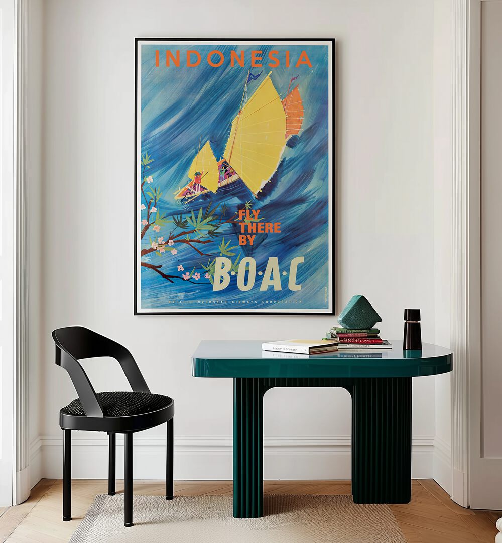 Colorful vintage travel poster for Indonesia showcases vibrant sailing boats, perfect for decor enthusiasts. INDONESIA I, VINTAGE TRAVEL POSTERS.