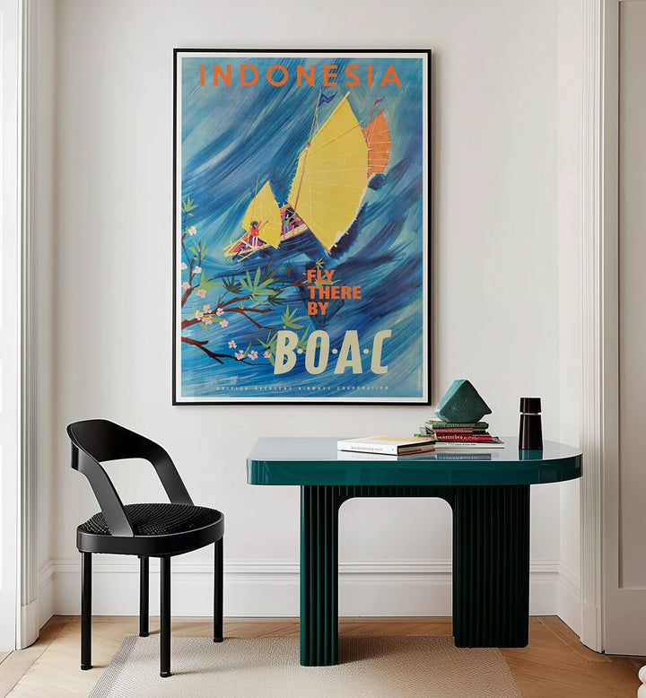 Colorful vintage travel poster for Indonesia showcases vibrant sailing boats, perfect for decor enthusiasts. INDONESIA I, VINTAGE TRAVEL POSTERS.