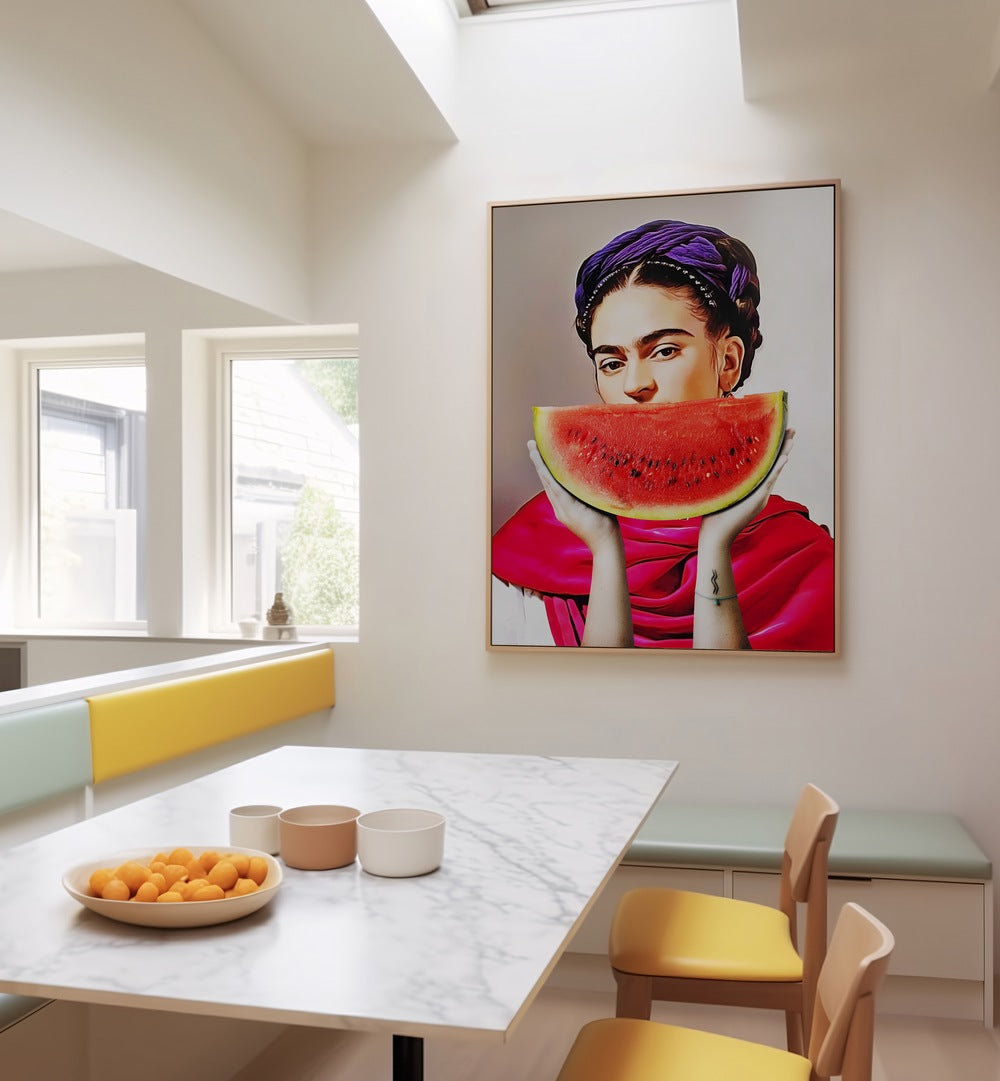 Vibrant WATERMELON FRIDA, ALTERED ART PRINTS by Dikhotomy brings a playful twist to Frida Kahlo's iconic style.