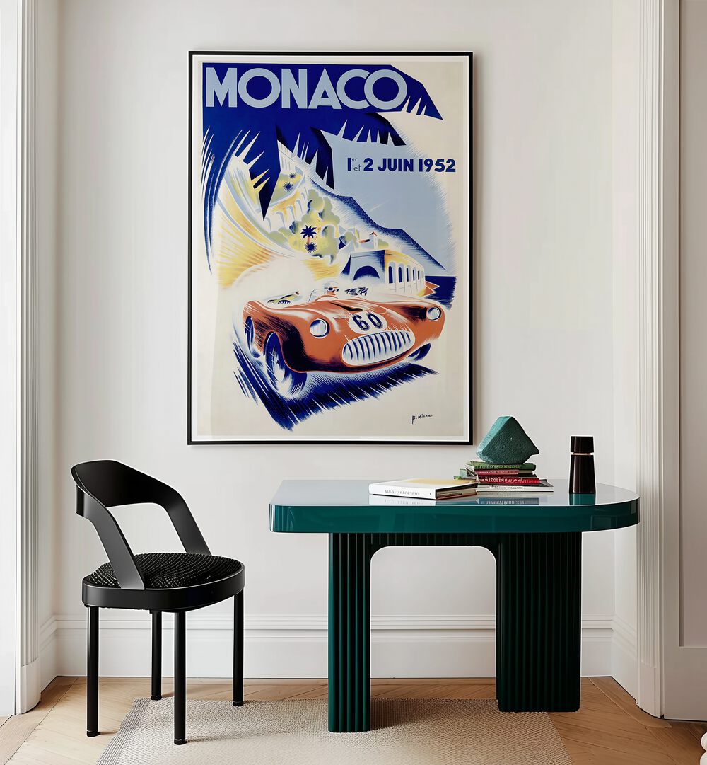 Stylish MONACO I, VINTAGE TRAVEL POSTERS adorn a chic interior, showcasing the elegance of Monaco's allure.