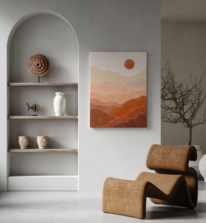 Serene Mountains, landscape paintings by Elena Ristova, showcase tranquil, majestic mountain views in warm tones.