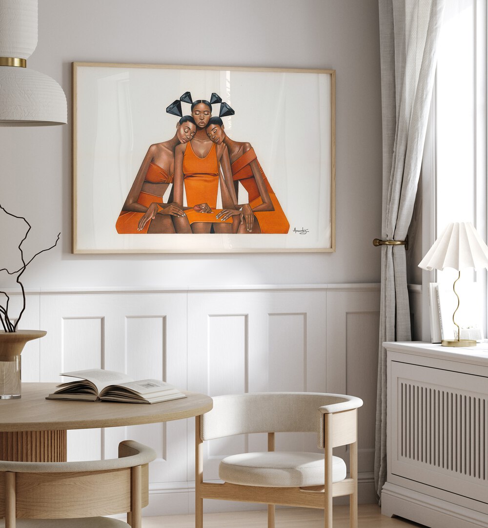 Stylish interior featuring BLACKDIAMOND(SISTERHOOD), AFRICAN ART PAINTINGS that celebrate empowerment and connection.