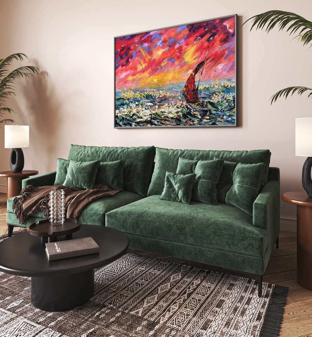 Vibrant RED SKY BOAT, LANDSCAPE PAINTINGS adorns a chic living room, enhancing its serene and elegant ambiance.