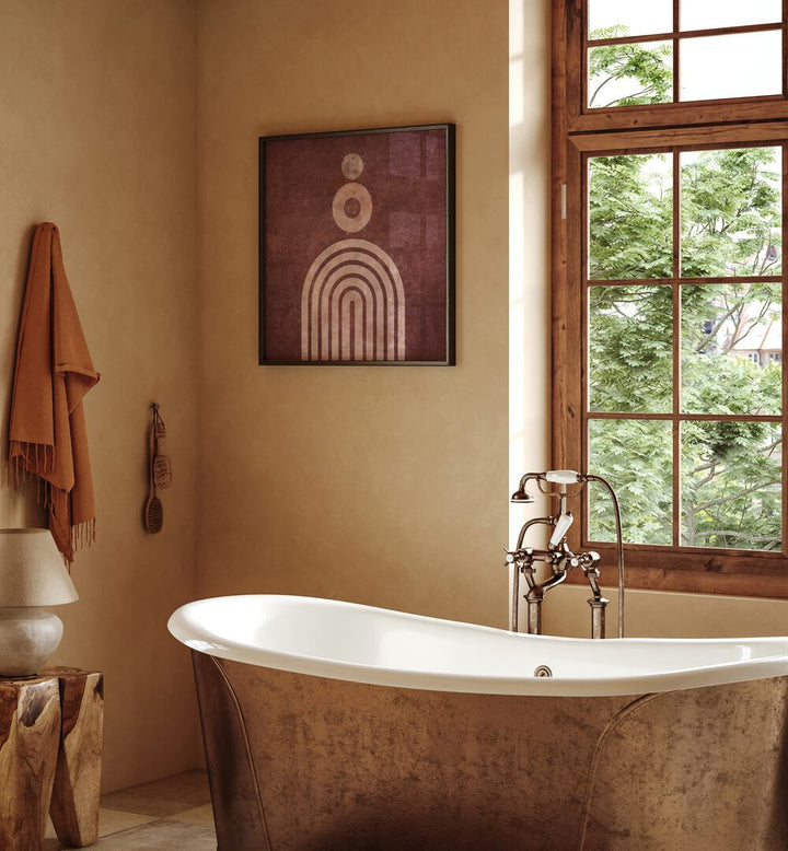 Vibrant RAINBOW GATE VISNE, BOHO ART PAINTINGS enhancing a stylish bathroom with warm, earthy tones.