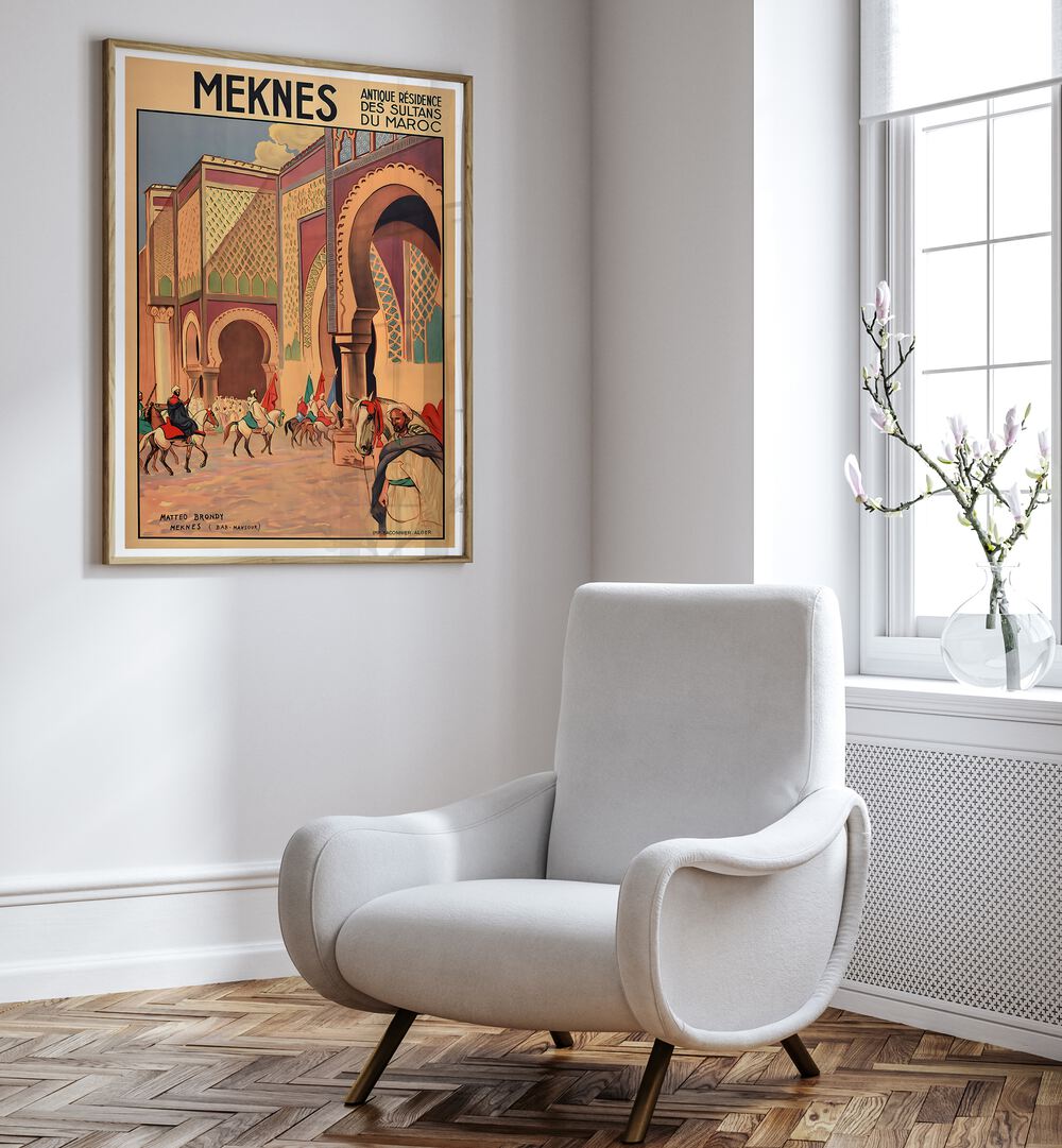Stylish MEKNES, VINTAGE TRAVEL POSTERS adorn a modern room, capturing Morocco's historic charm and beauty.