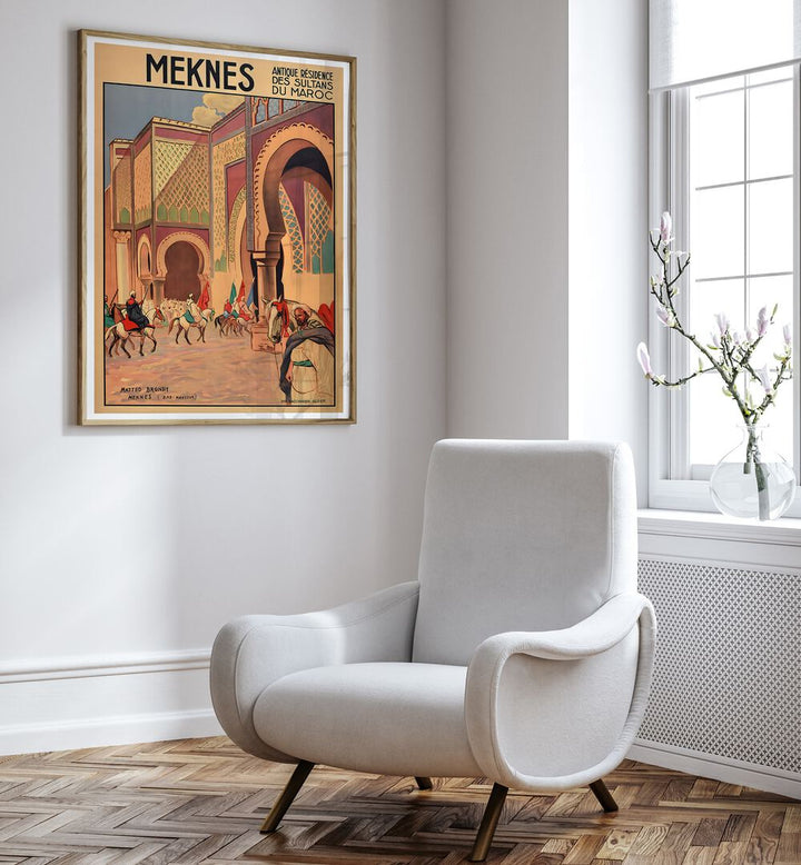 Stylish MEKNES, VINTAGE TRAVEL POSTERS adorn a modern room, capturing Morocco's historic charm and beauty.