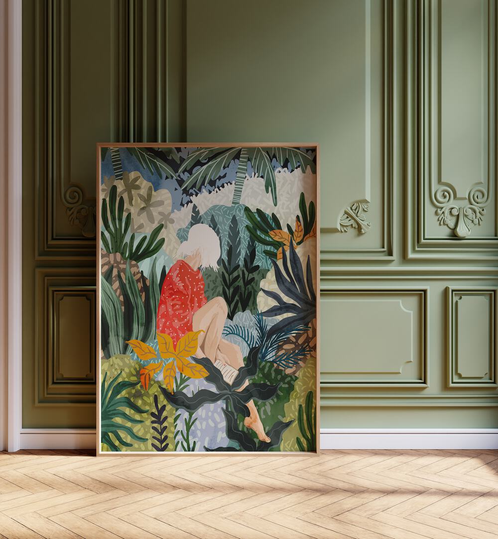 Experience "THE DISTRACTED READER, PORTRAITS" by Uma Gokhale, featuring vibrant woman illustrations in a lush setting.