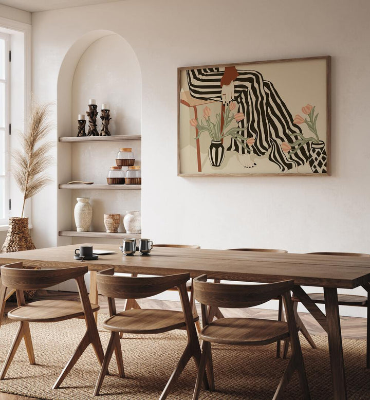 Stylish dining area featuring TULIPS BY MY FEET, BOHO ART PAINTINGS, enhancing elegant home decor with floral charm.