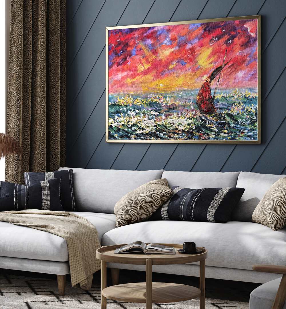 Vibrant RED SKY BOAT, LANDSCAPE PAINTINGS enhancing a modern living space with stunning colors and serene nature.
